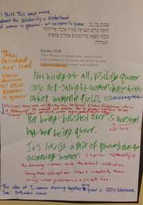 A printout of the text of Exodus 15:20 with commentary written in different colors