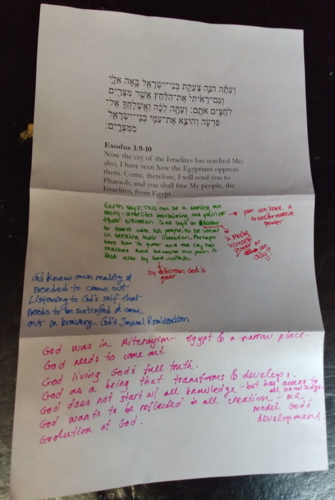Printout of Exodus 3:9-10 with handwritten commentary