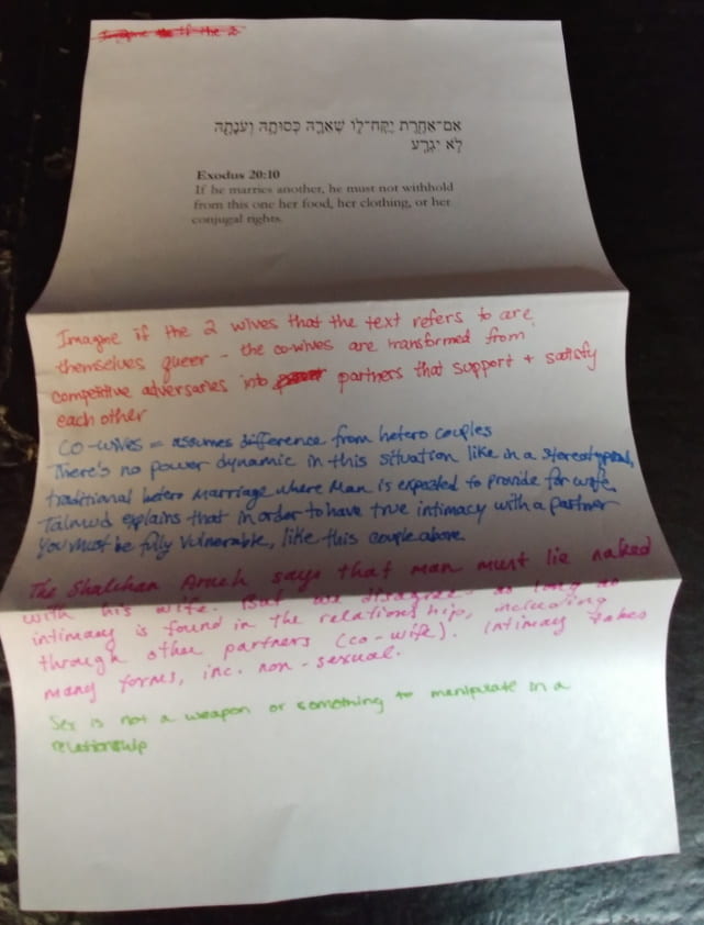 Printout of Exodus 21:10 with handwritten commentary